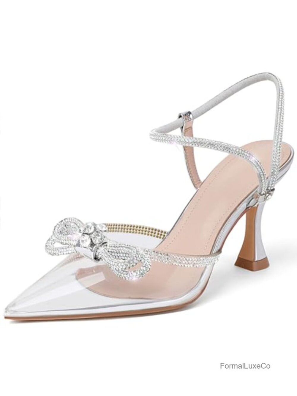 Women's Clear Closed Toe Low Heel Rhinestone Bow Kitten Heels Slingback Pumps